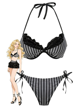 Set bikini a righe in rete con fiocco rosa anni '60
