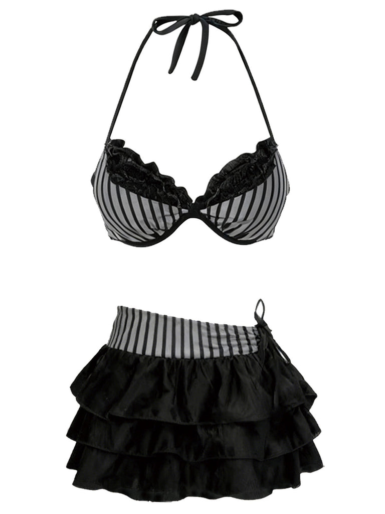 [Prevendita] 2PCS Bikini a righe e copricostume a balze grigio anni '60