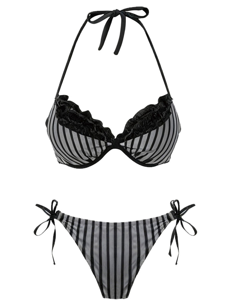 Set bikini a righe in rete con fiocco rosa anni '60