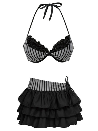 2PCS Bikini a righe e copricostume a balze rosa anni '60