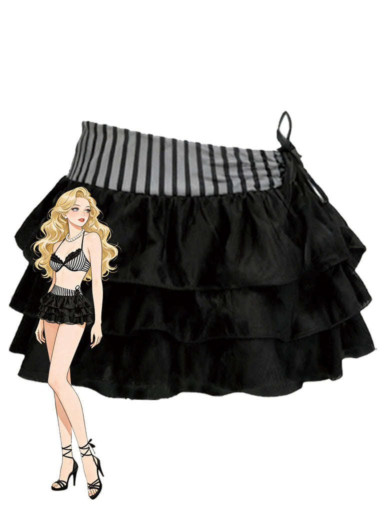 [Prevendita] Gonna a volant in rete a righe con fiocco grigio anni '60