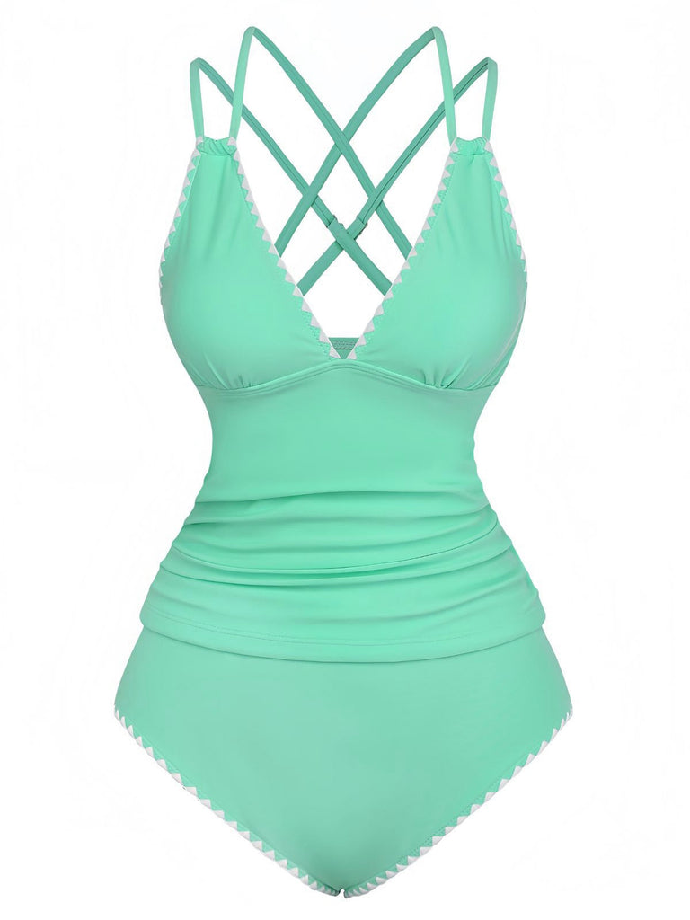 Set tankini con scollo a V profondo e schiena incrociata anni '40