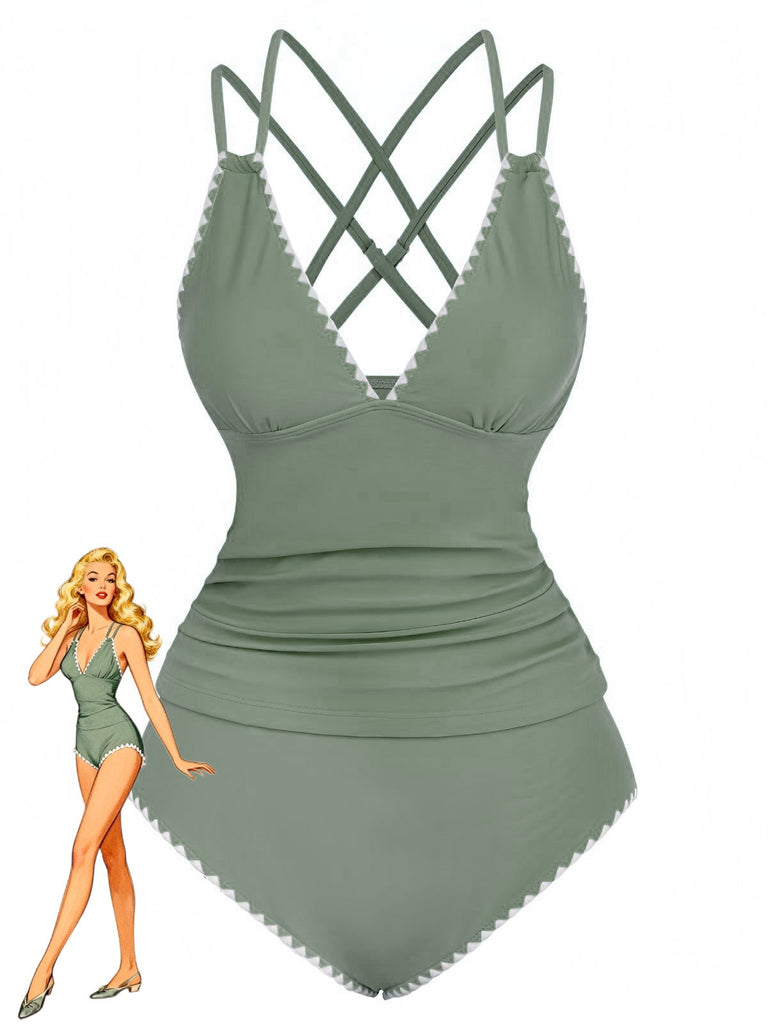 Set tankini con scollo a V profondo e schiena incrociata anni '40