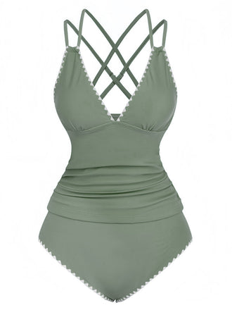 Set tankini con scollo a V profondo e schiena incrociata anni '40