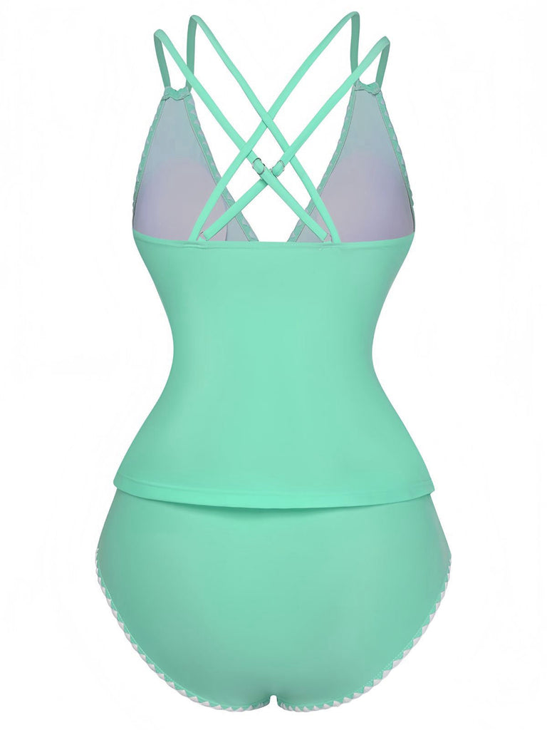 Set tankini con scollo a V profondo e schiena incrociata anni '40