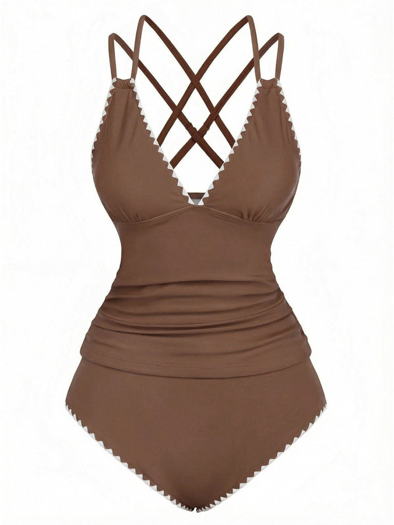 Set tankini con scollo a V profondo e schiena incrociata anni '40