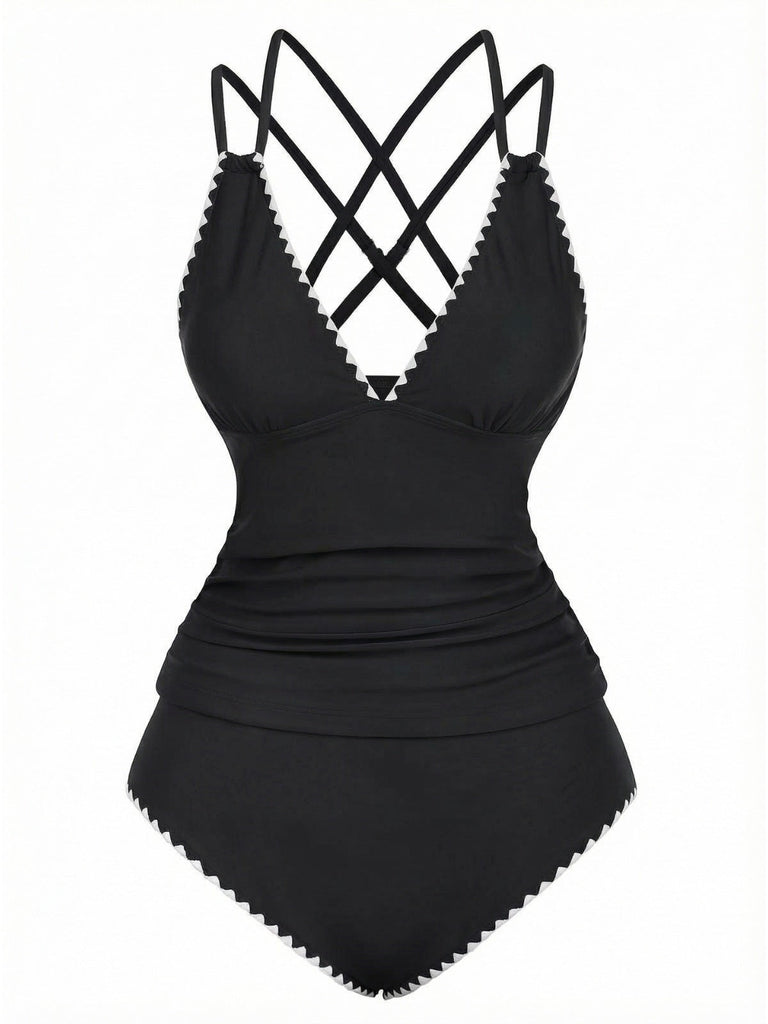 Set tankini con scollo a V profondo e schiena incrociata anni '40