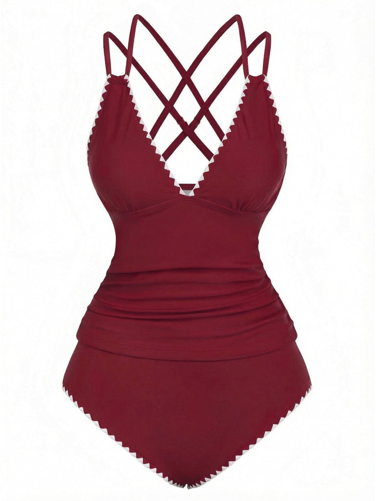 Set tankini con scollo a V profondo e schiena incrociata anni '40