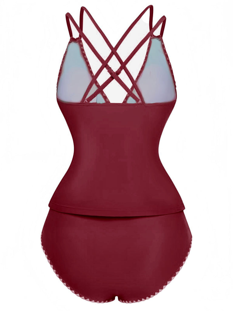 Set tankini con scollo a V profondo e schiena incrociata anni '40