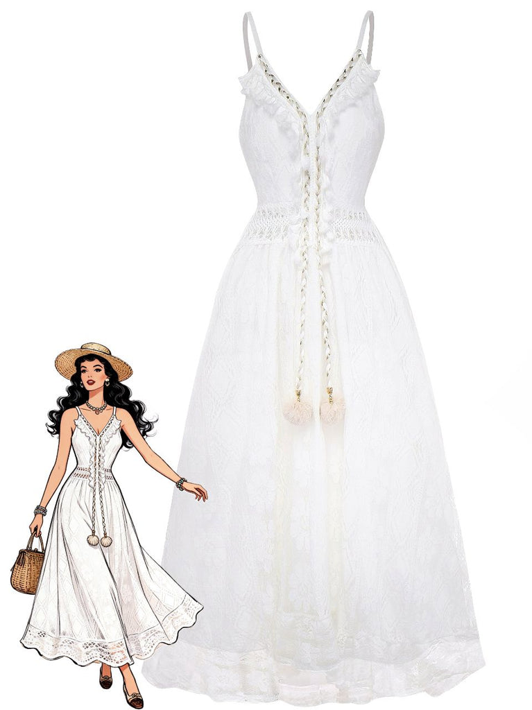 Abito lungo in pizzo boho con scollo a V bianco anni '70