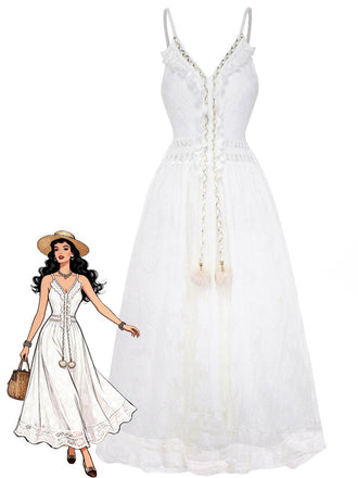 Abito lungo in pizzo boho con scollo a V bianco anni '70