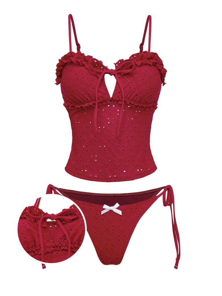 Tankini rosso anni '60 con volant e ricami