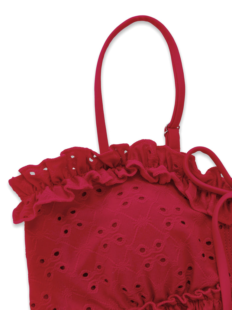 Tankini rosso anni '60 con volant e ricami