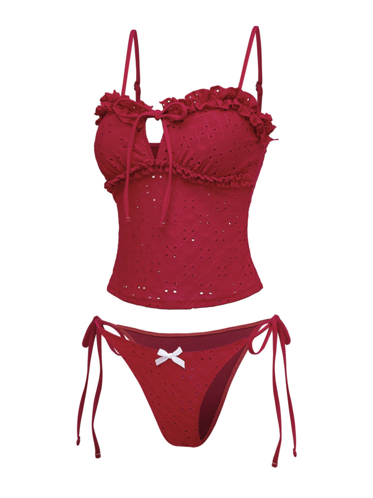 Tankini rosso anni '60 con volant e ricami