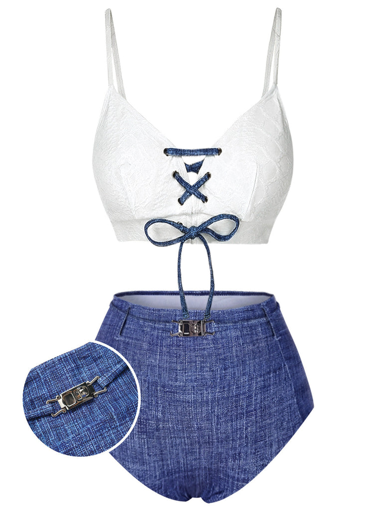 Bikini blu anni '40 effetto denim con spalline sottili