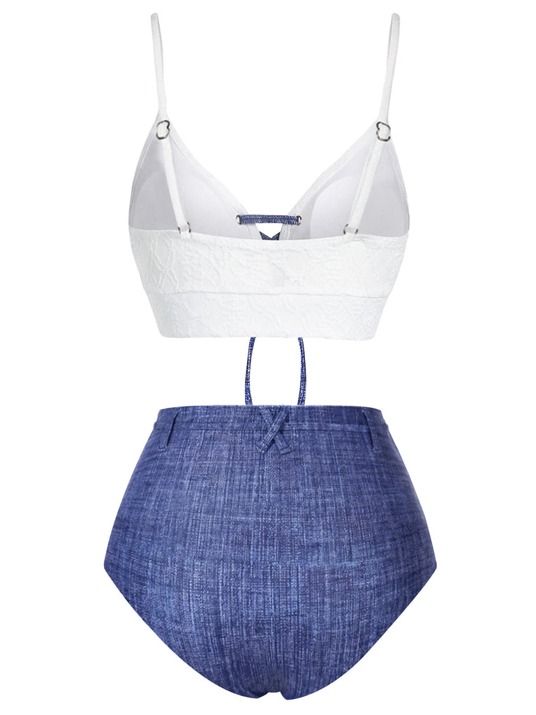 Bikini blu anni '40 effetto denim con spalline sottili