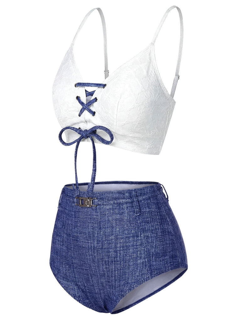 Bikini blu anni '40 effetto denim con spalline sottili