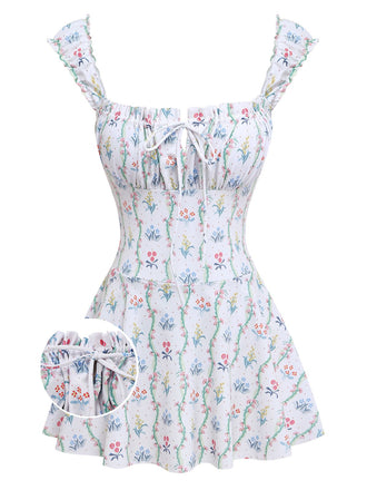 Costumi bianco anni '70 floreale a volant e scollo quadrato