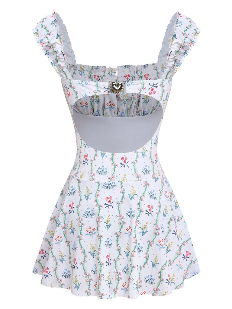 Costumi bianco anni '70 floreale a volant e scollo quadrato