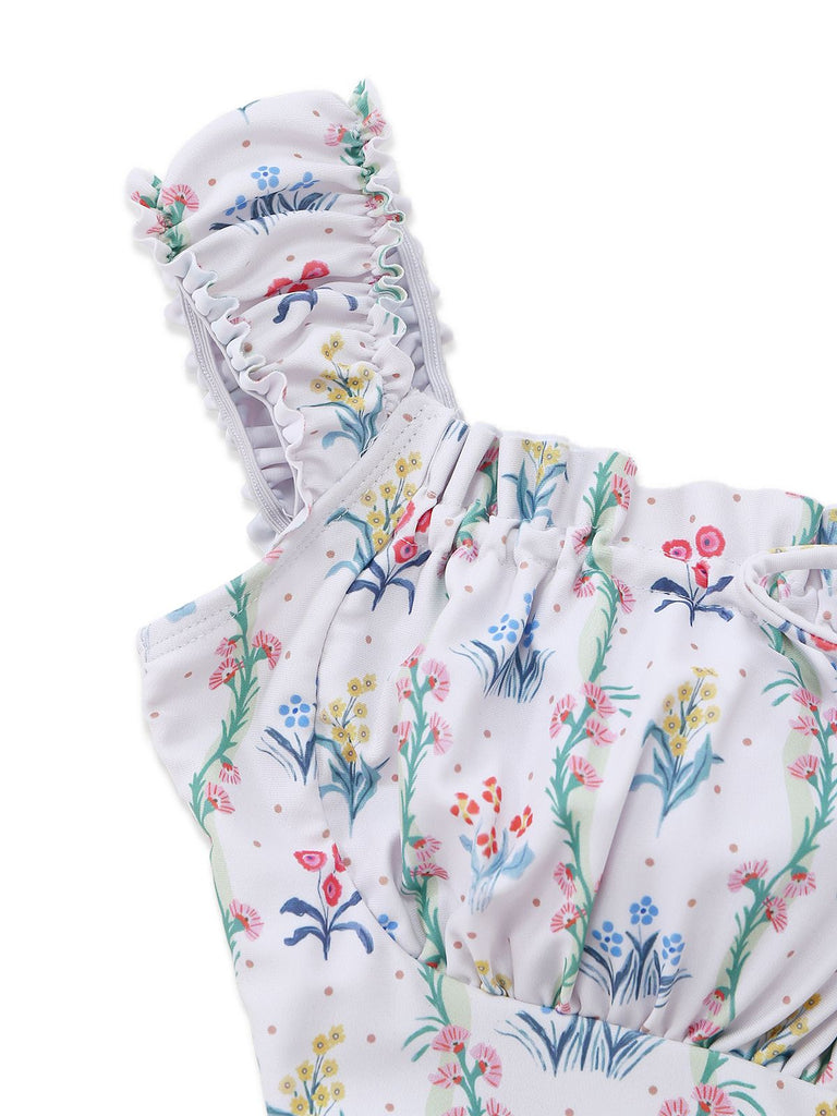 Costumi bianco anni '70 floreale a volant e scollo quadrato