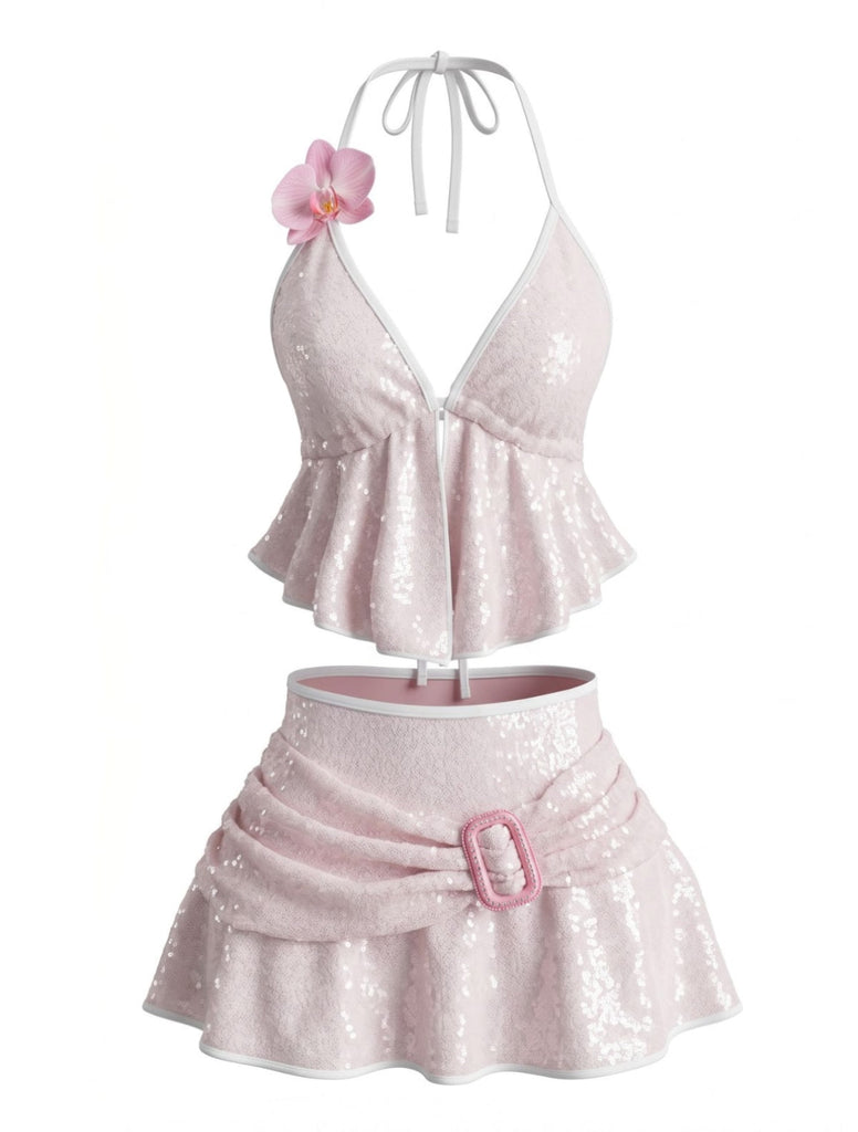 Costume da Bagno Halter con Paillettes 3D Floreale Buckle-Detail Anni '80