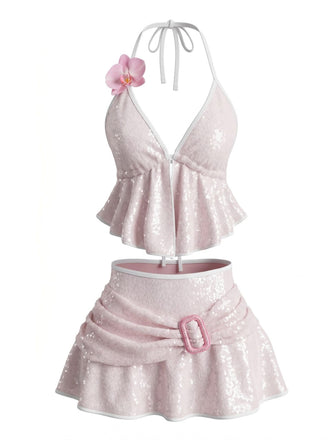 Costume da Bagno Halter con Paillettes 3D Floreale Buckle-Detail Anni '80