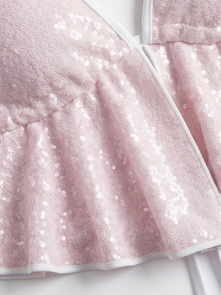 Costume da Bagno Halter con Paillettes 3D Floreale Buckle-Detail Anni '80 5