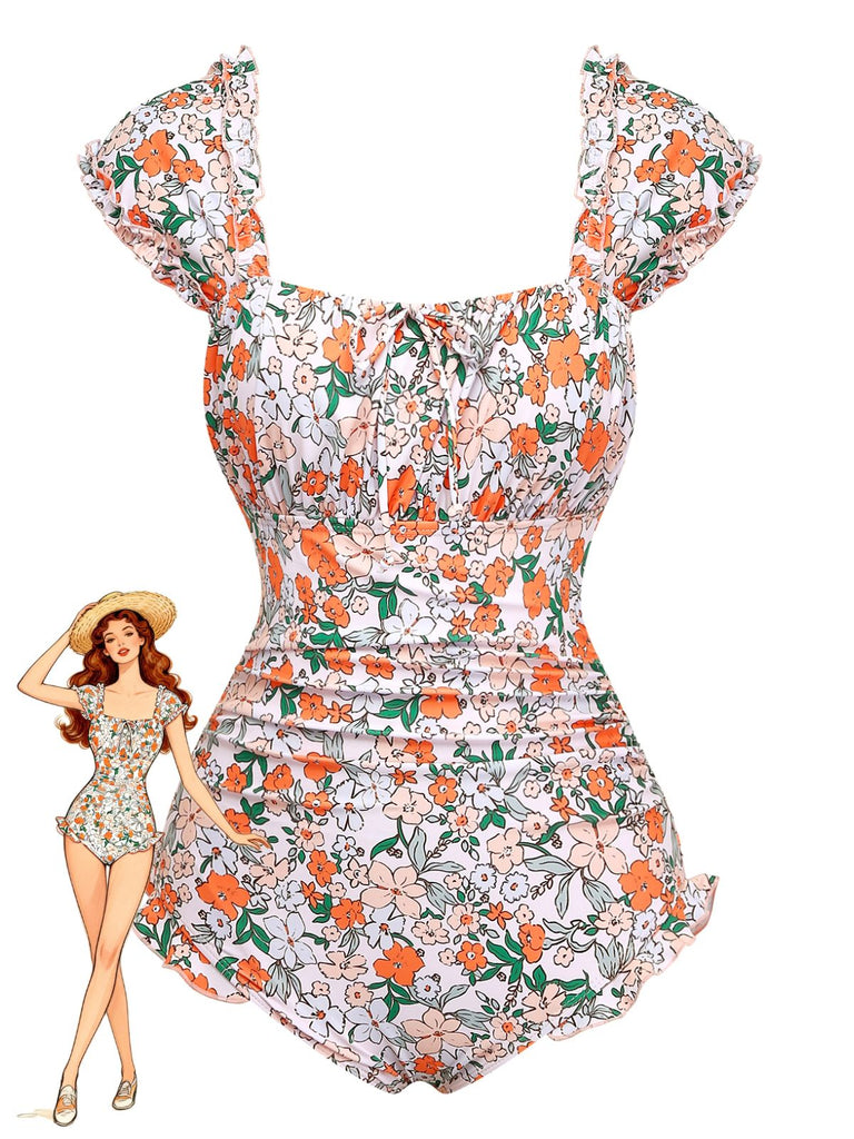 Costume Intero a Fiori con Maniche a Aletta e Volant Anni '50