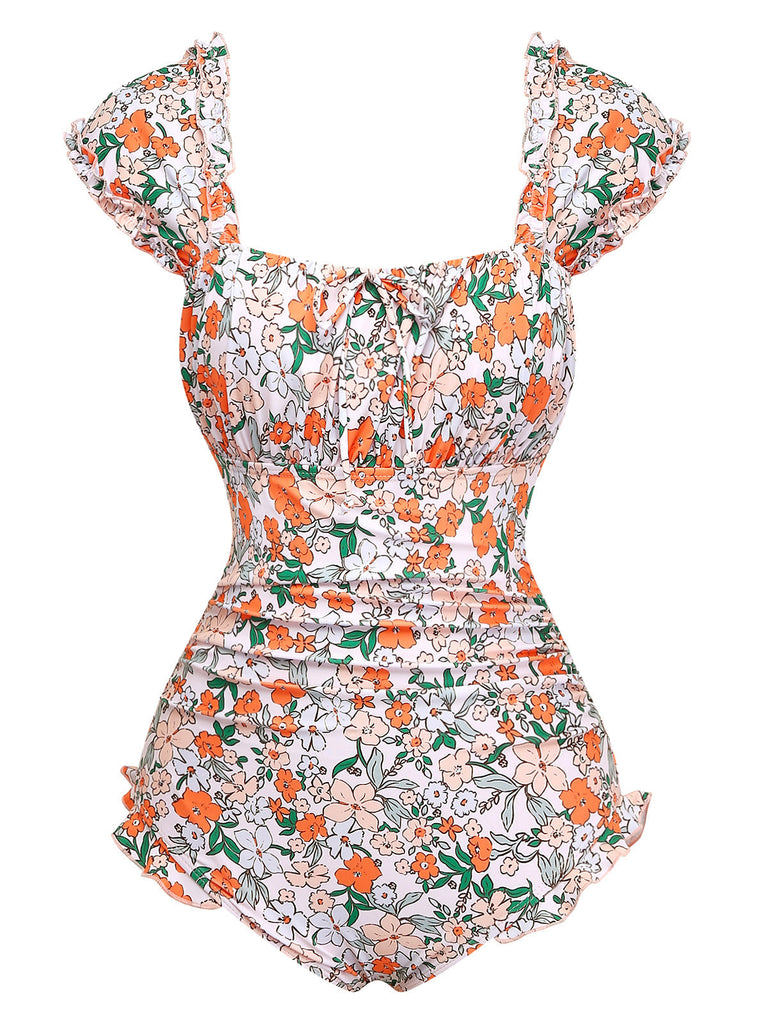 Costume Intero a Fiori con Maniche a Aletta e Volant Anni '50 2