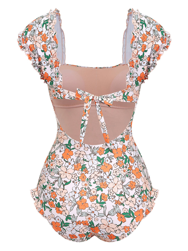 Costume Intero a Fiori con Maniche a Aletta e Volant Anni '50 3