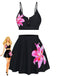 Set Tankini Nero a Fiori con Fibbia in Metallo Anni '40