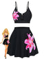 Set Tankini Nero Anni '40 a Fiori con Fibbia in Metallo