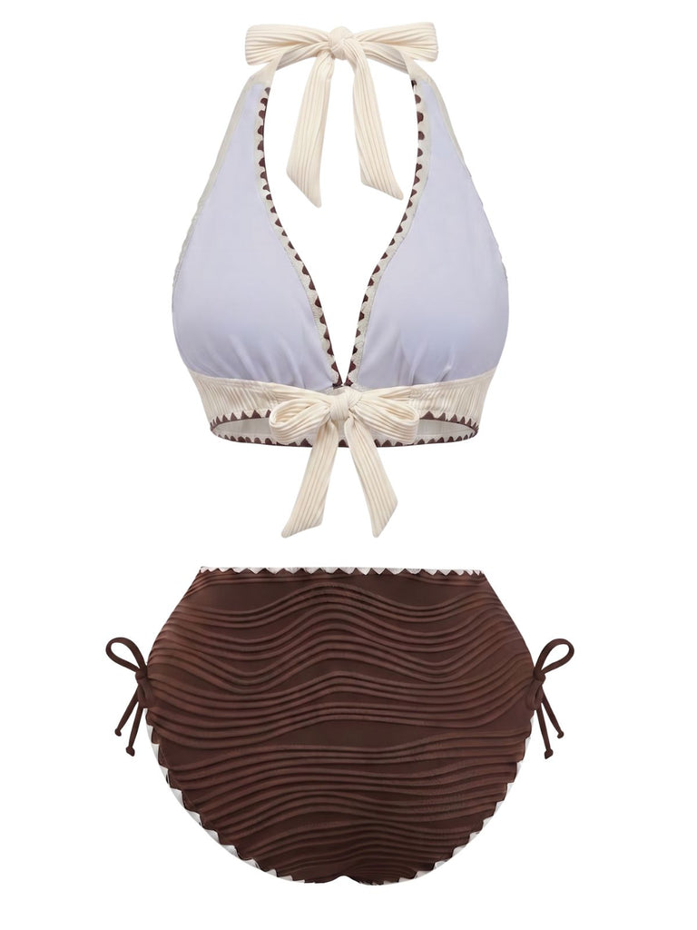 Set bikini beige e marrone anni '50 a costine con scollo all'americana