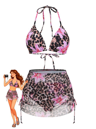 3PCS Bikini con stampa floreale leopardata anni '60