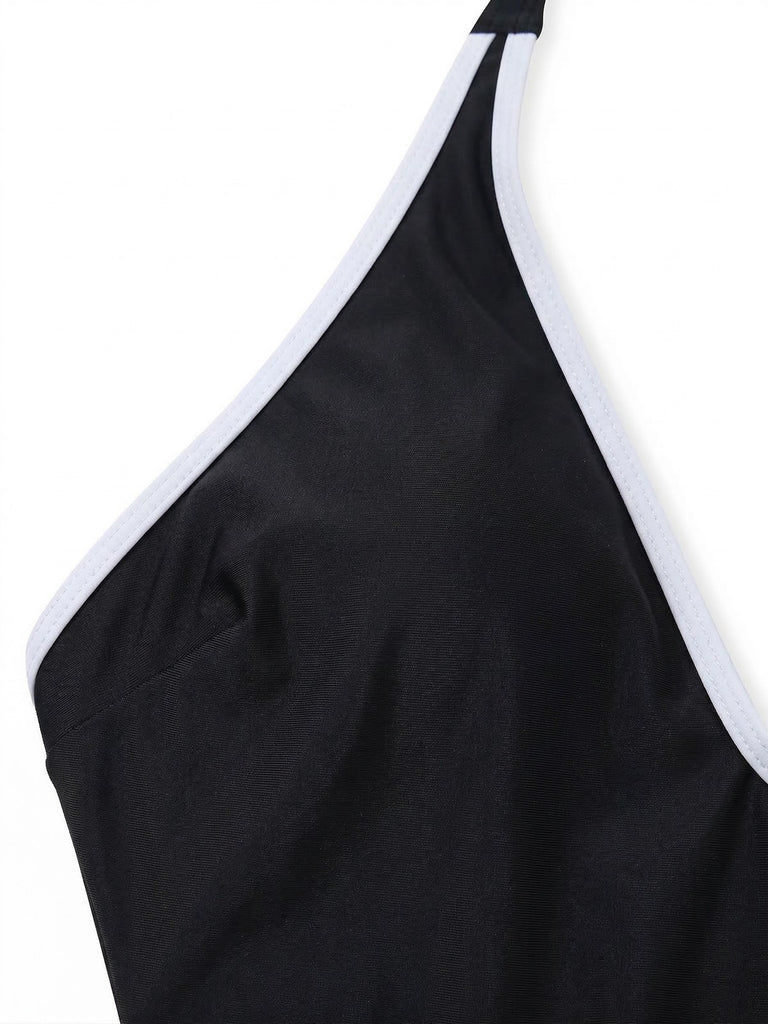 Costumi intero nero anni '40 floreali con scollo all'americana e inserti