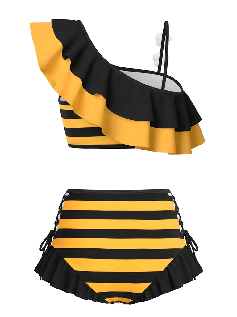 [Prevendita] Bikini con righe ape e margherite 3D a balze anni '40