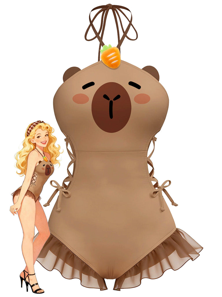 [Prevendita] Costumi intero con stampa capibara marrone anni '60