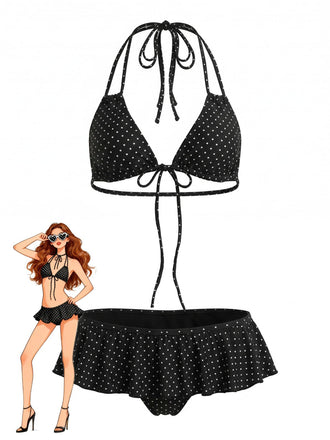 Set Bikini Nero con Volant con Allacciatura a Pois Anni '50