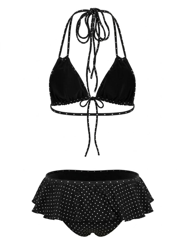 Set Bikini Nero con Volant con Allacciatura a Pois Anni '50 3