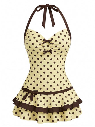 [Prevendita] Costumi intero giallo anni '40 a pois con scollo all'americana