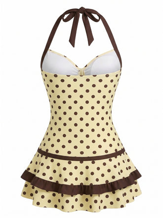 [Prevendita] Costumi intero giallo anni '40 a pois con scollo all'americana