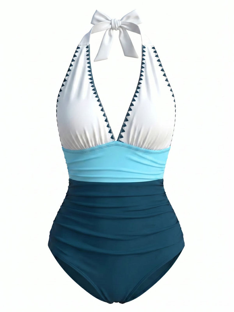 Costumi Intero Blu e Bianco Anni '50 con Ricamo a Zigzag Scollo a V