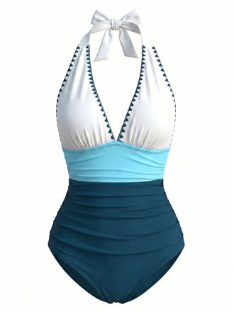 Costumi Intero Blu e Bianco Anni '50 con Ricamo a Zigzag Scollo a V