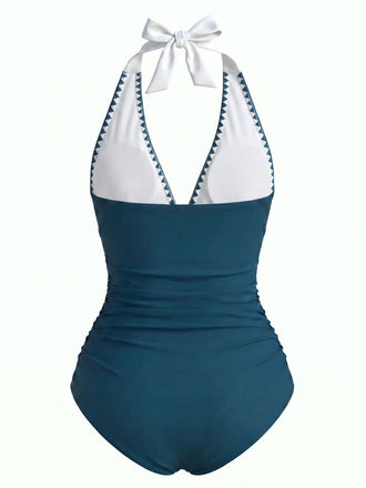 Costumi Intero Blu e Bianco Anni '50 con Ricamo a Zigzag Scollo a V