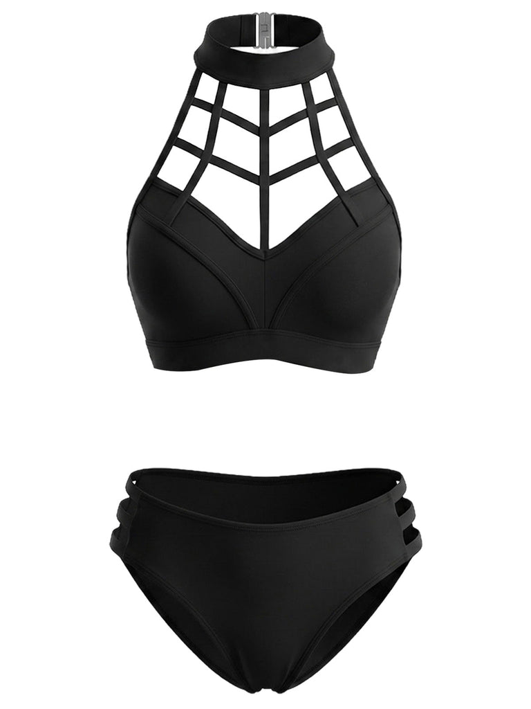 [Prevendita] Costume da Bagno a Gabbia Halter Gotico con Cut-Out - Nero Anni '70 2