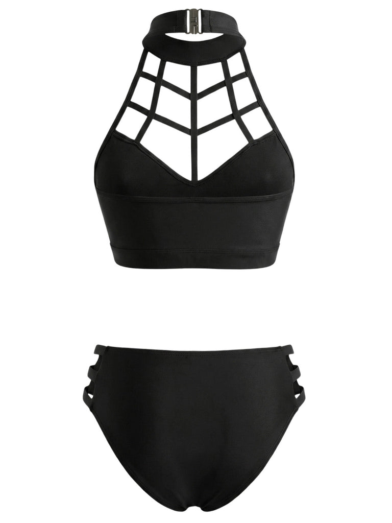 [Prevendita] Costume da Bagno a Gabbia Halter Gotico con Cut-Out - Nero Anni '70 4