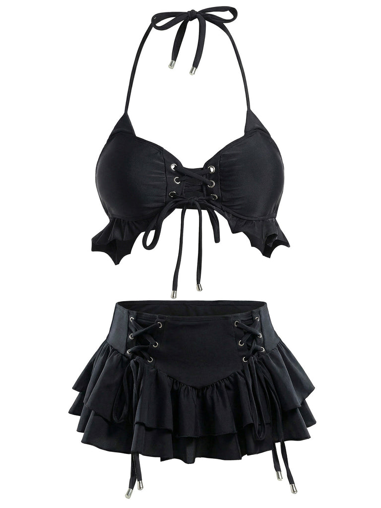 [Pre-Vendita] Set Bikini Nero con Allacciatura Halter e Copricostume a Balze Anni '50