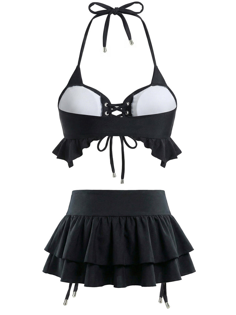 [Pre-Vendita] Set Bikini Nero con Allacciatura Halter e Copricostume a Balze Anni '50 2