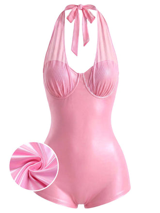 [Prevendita] Costume da Bagno Y2K Shiny in Rete Halter Patchwork - Rosa Pesca