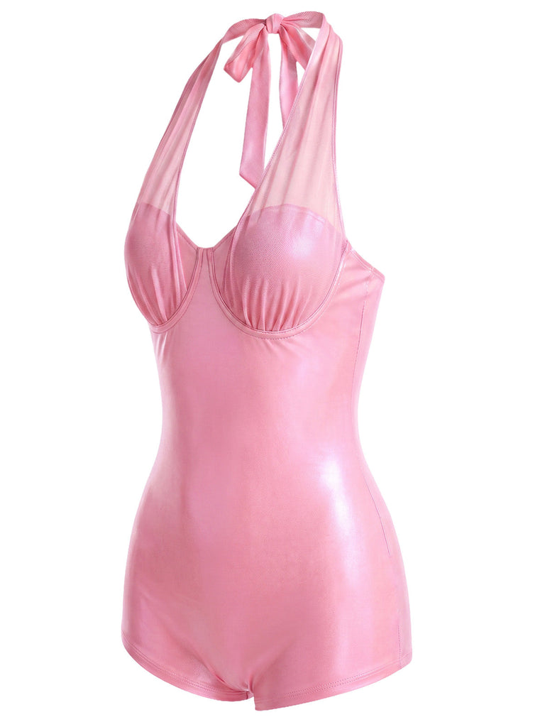 [Prevendita] Costume da Bagno Y2K Shiny in Rete Halter Patchwork - Rosa Pesca 3